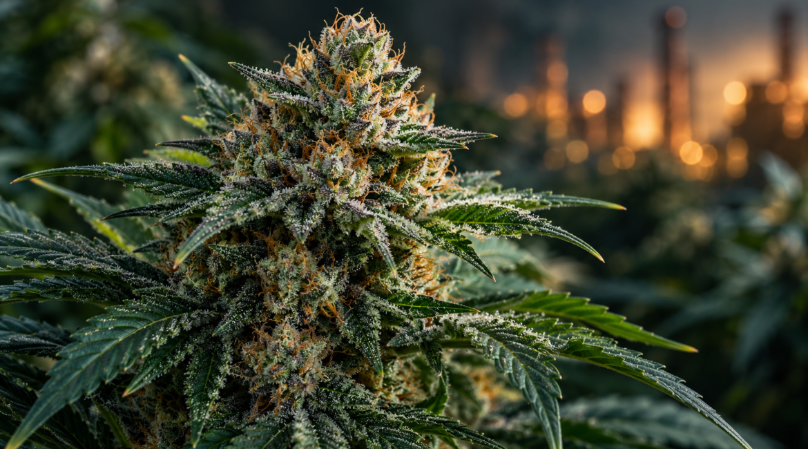 Illustrative Cannabisblüte vor dunklem Mint- und Treibstoff-Farbmotiv