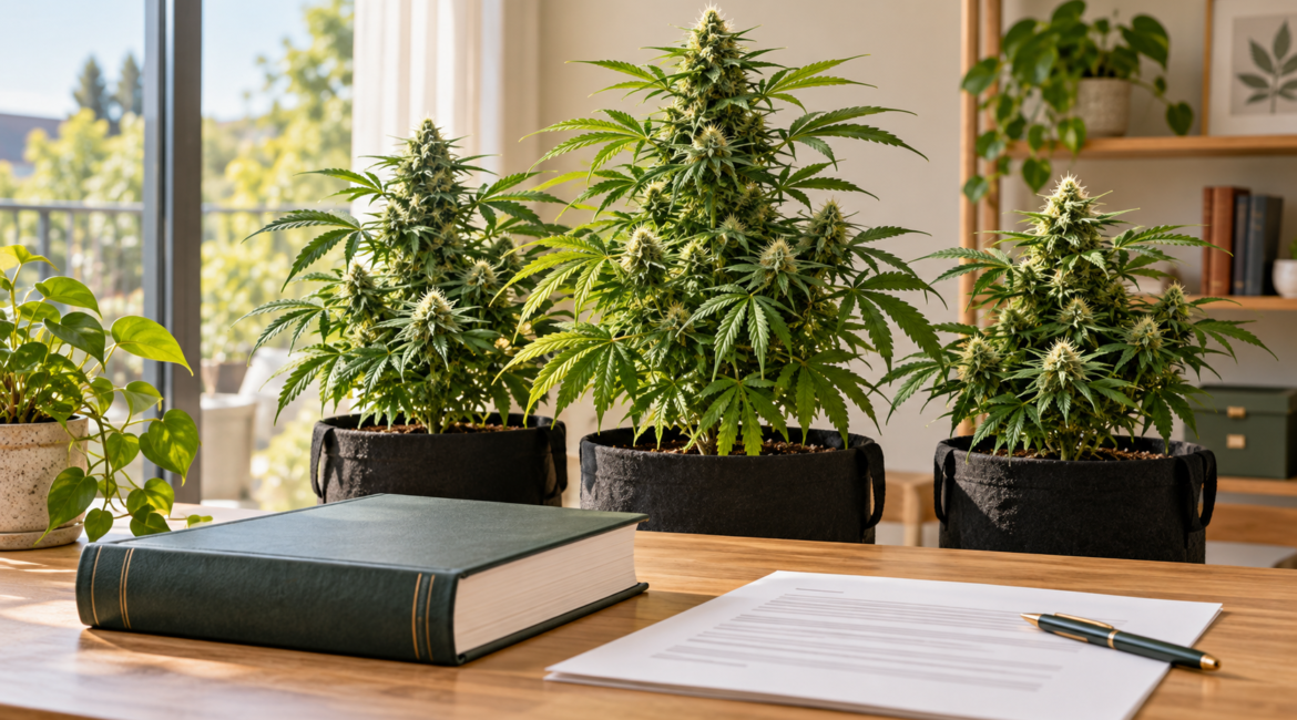 Drei Cannabispflanzen in einem privaten Innenraum neben einem Gesetzbuch und Unterlagen.