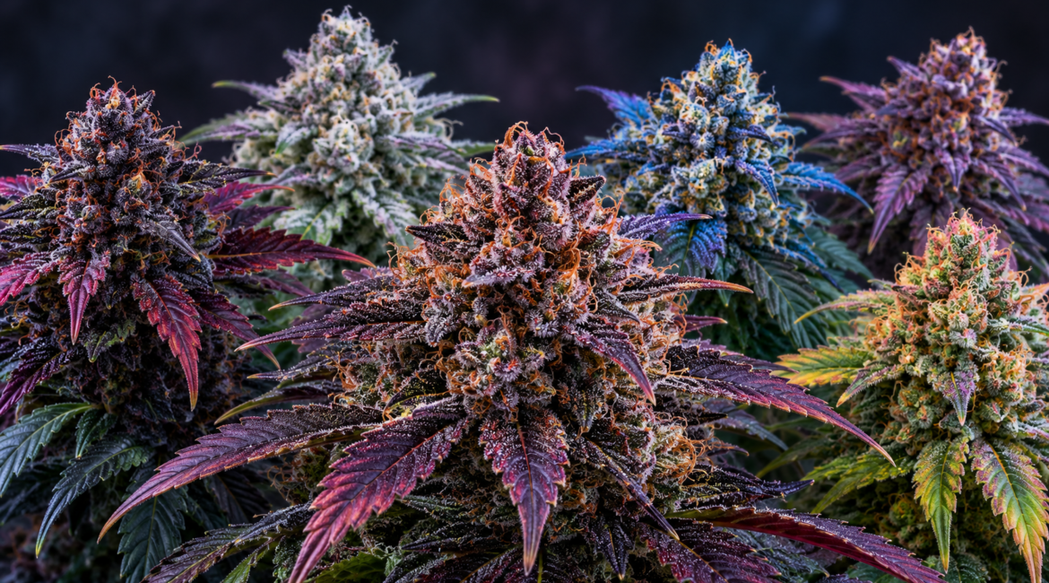 Illustrative Cannabisblüte vor violettem Beeren- und Exotic-Farbmotiv