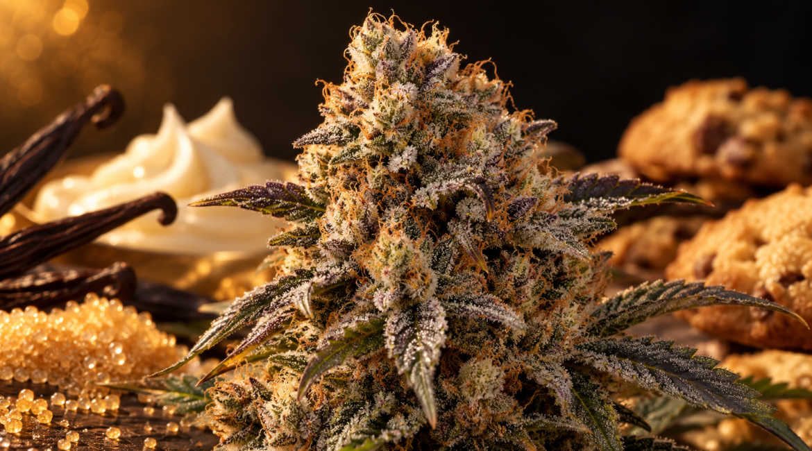 Illustrative Cannabisblüte vor warmem Gebäck- und Dessertmotiv