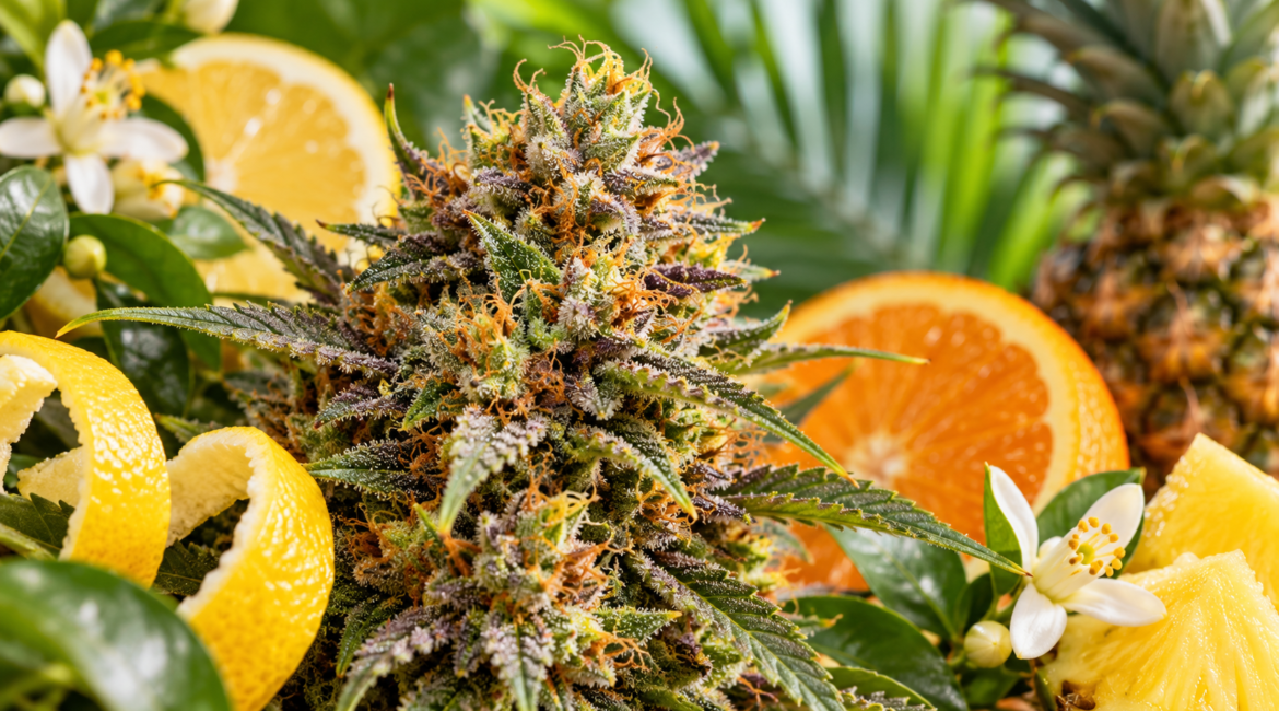 Illustrative Cannabisblüte mit Zitrusfrüchten und warmem Tropenlicht